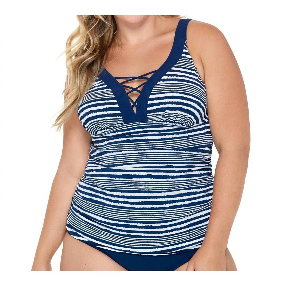 NEW CHRISTINA SWIMWEAR lace v-neck tankini top - plus size in chr navy